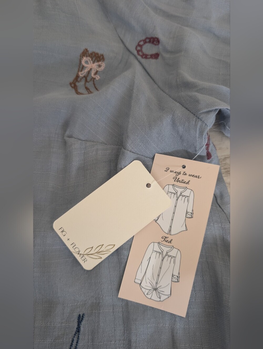fig and flower Sky Blue Embroidered Button-Down Shirt - Picture 6 of 8